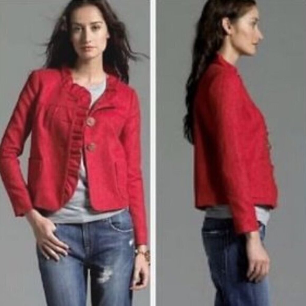 J. Crew 'Fiona' Herringbone Wool Ruffle Trim Jacket in Red Size 10
